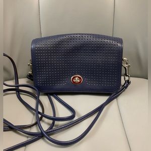 Coach Legacy Perforated Leather Shoulder/Crossbody Bag in Navy/Lime.